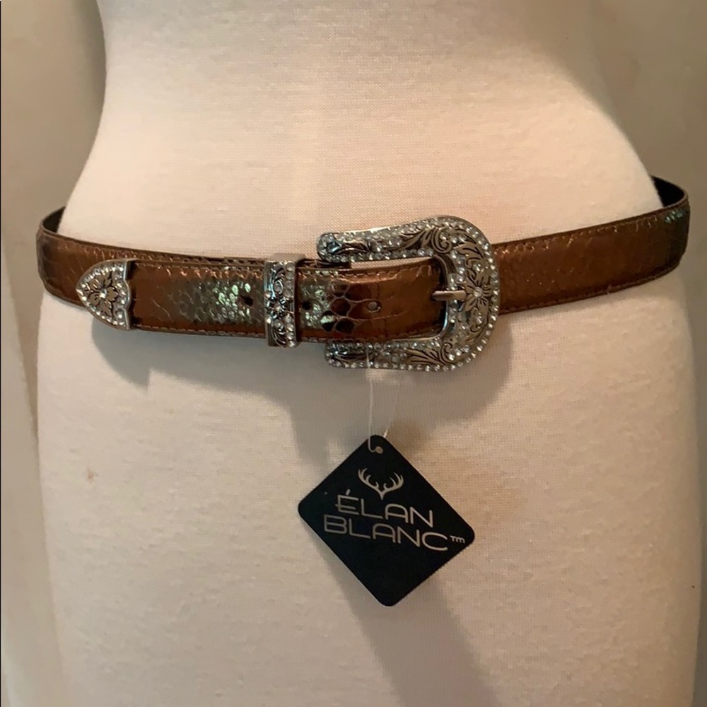 Metallic Copper Snake Print Belt with Crystals